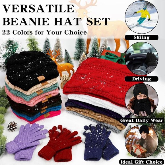 Winter Knit Hat Scarf Gloves Set Unisex Warm Fleece Accessories